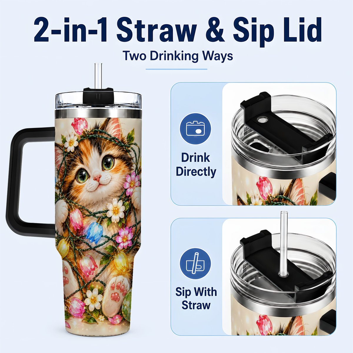 #pl[40oz|Black] Easter Calico Kitten 40oz Tumbler with Handle, Spring Floral Cats