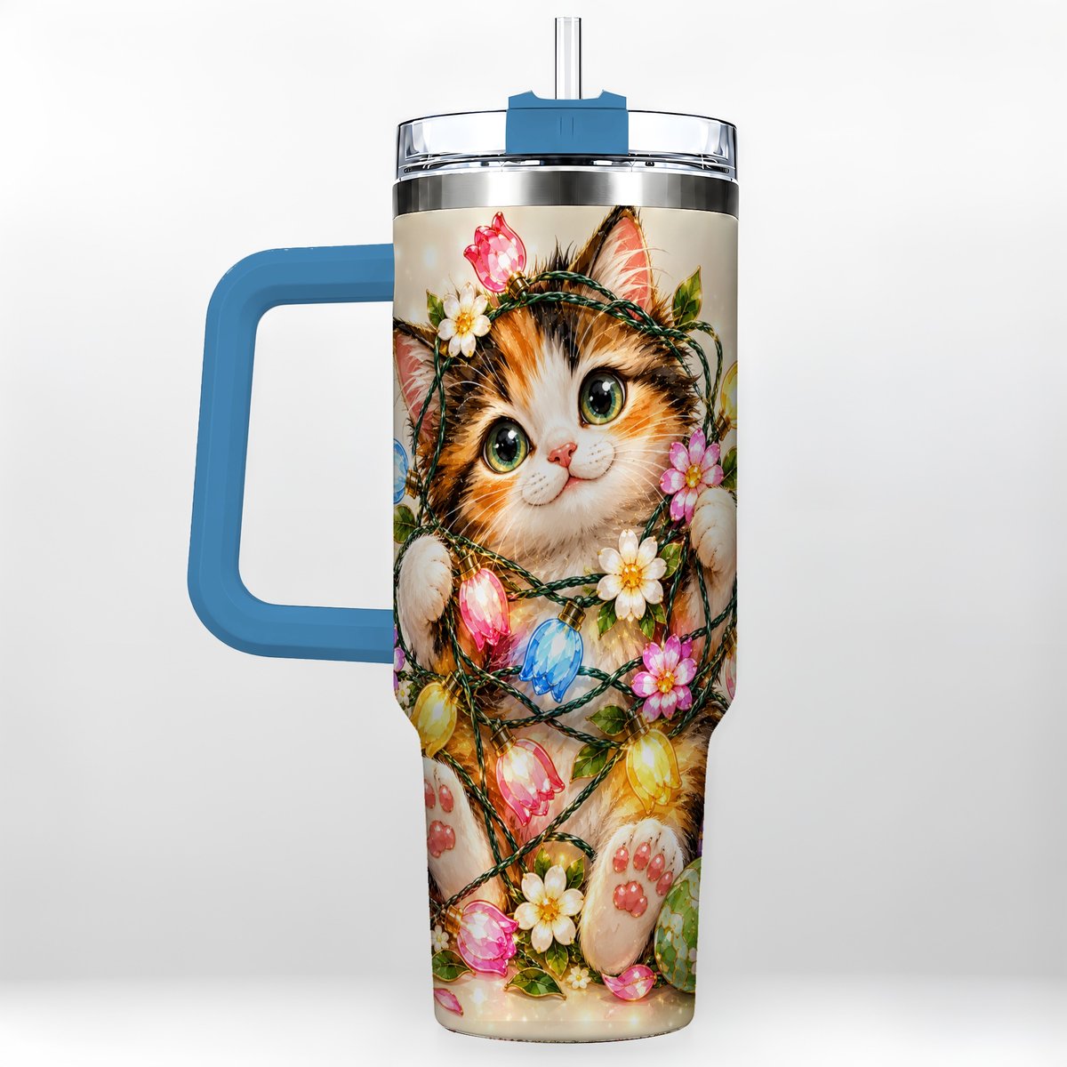 #pl[40oz|Blue] Easter Calico Kitten 40oz Tumbler with Handle, Spring Floral Cats