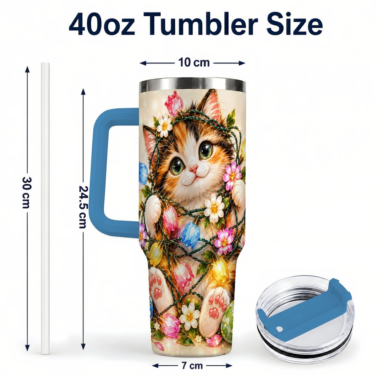 #pl[40oz|Blue] Easter Calico Kitten 40oz Tumbler with Handle, Spring Floral Cats