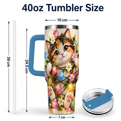 #pl[40oz|Blue] Easter Calico Kitten 40oz Tumbler with Handle, Spring Floral Cats