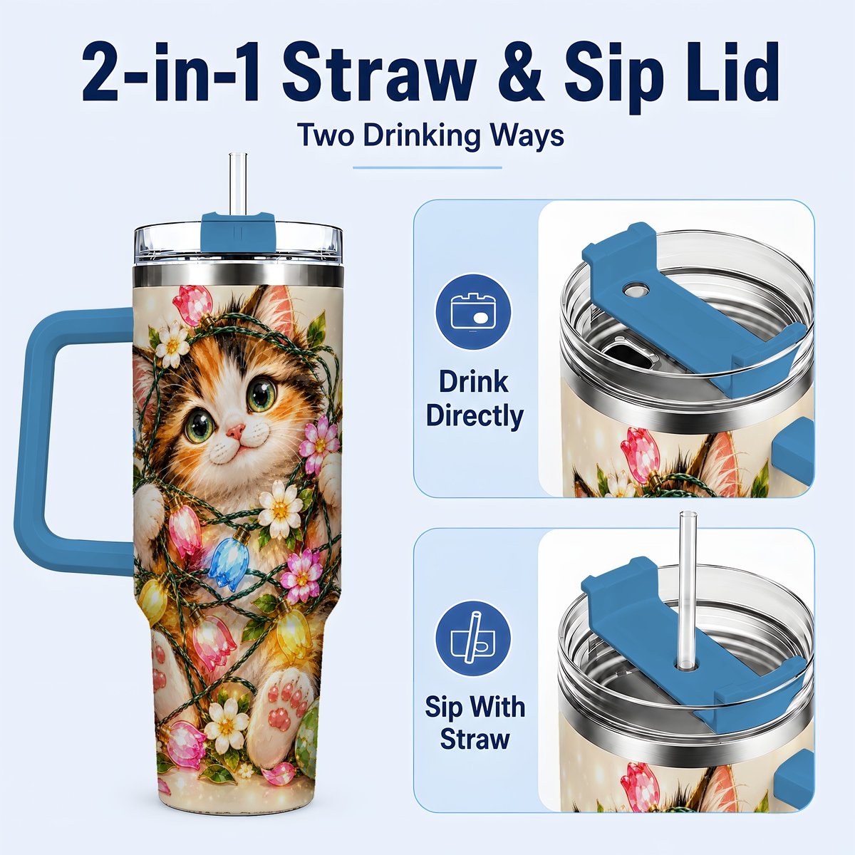 #pl[40oz|Blue] Easter Calico Kitten 40oz Tumbler with Handle, Spring Floral Cats