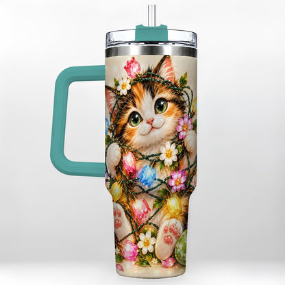 #pl[40oz|Green] Easter Calico Kitten 40oz Tumbler with Handle, Spring Floral Cats