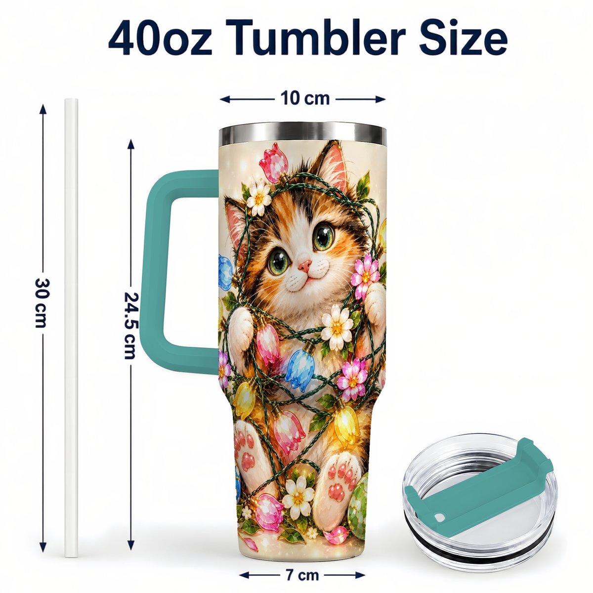#pl[40oz|Green] Easter Calico Kitten 40oz Tumbler with Handle, Spring Floral Cats