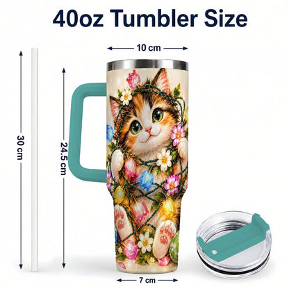 #pl[40oz|Green] Easter Calico Kitten 40oz Tumbler with Handle, Spring Floral Cats