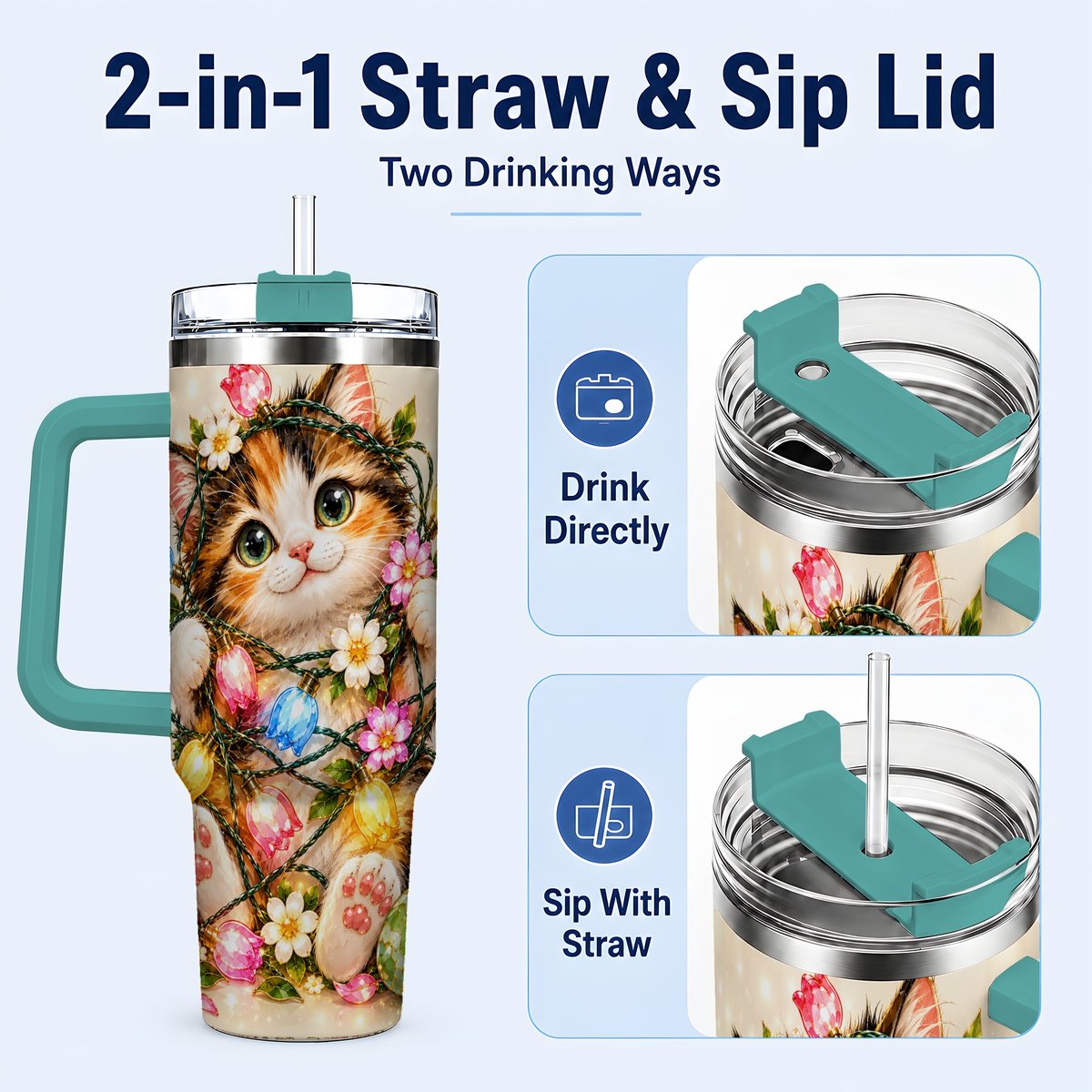 #pl[40oz|Green] Easter Calico Kitten 40oz Tumbler with Handle, Spring Floral Cats