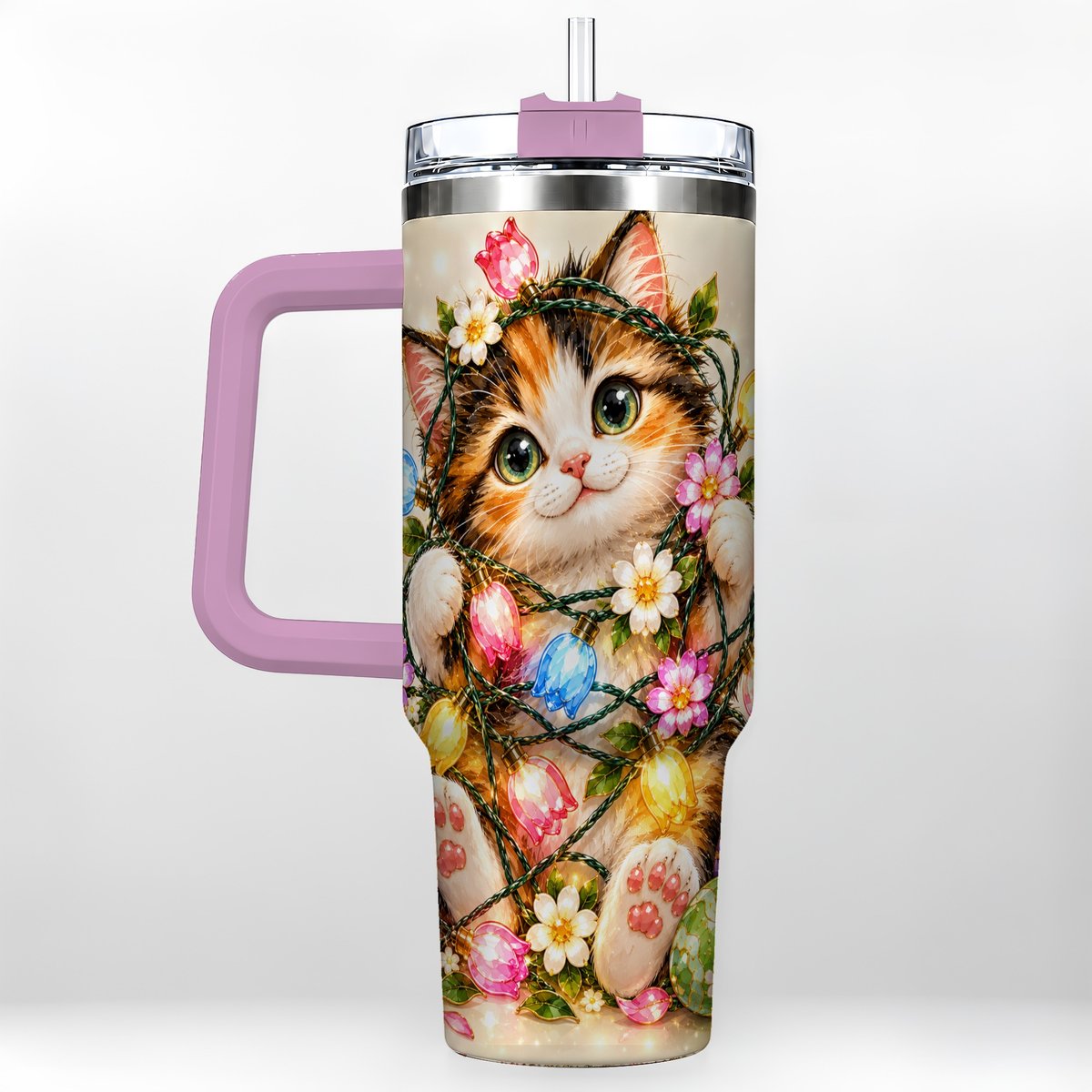 #pl[40oz|Pink] Easter Calico Kitten 40oz Tumbler with Handle, Spring Floral Cats