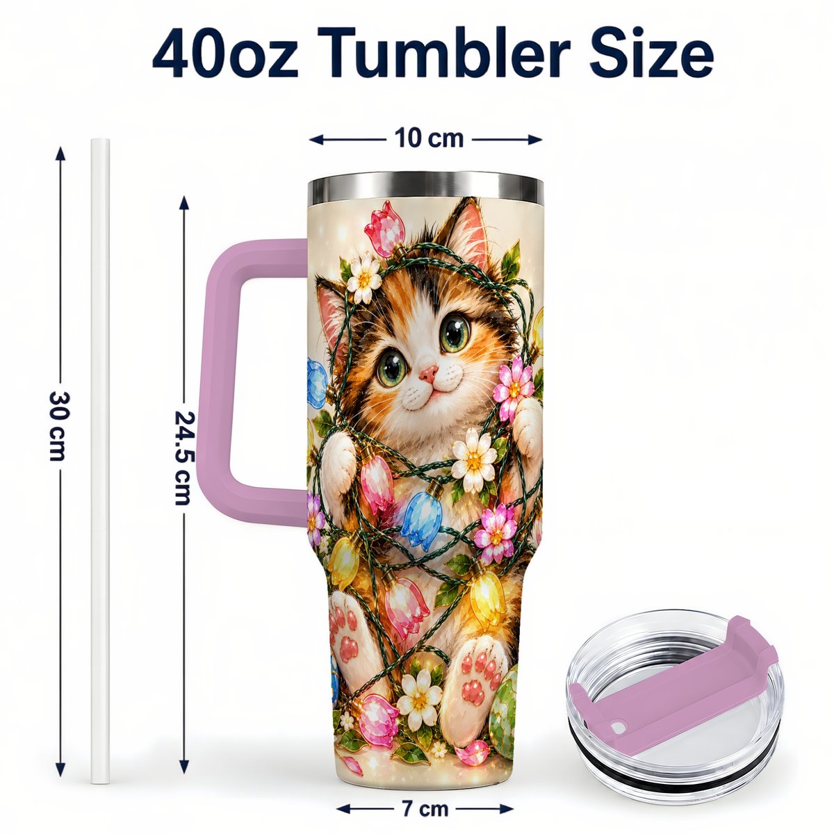 #pl[40oz|Pink] Easter Calico Kitten 40oz Tumbler with Handle, Spring Floral Cats