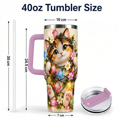 #pl[40oz|Pink] Easter Calico Kitten 40oz Tumbler with Handle, Spring Floral Cats