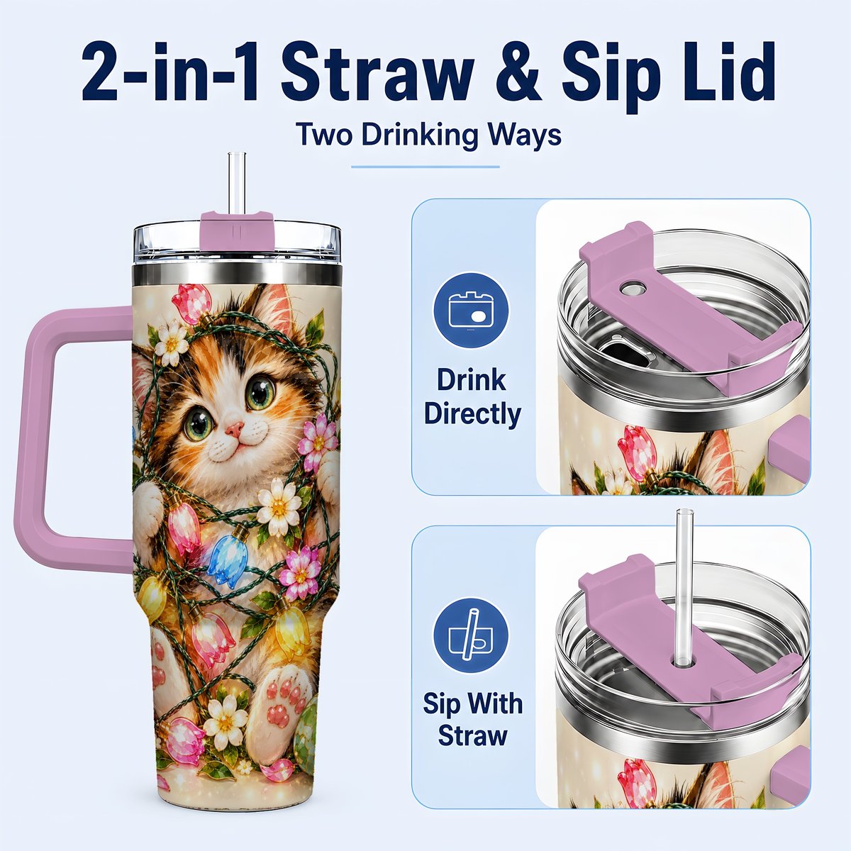 #pl[40oz|Pink] Easter Calico Kitten 40oz Tumbler with Handle, Spring Floral Cats