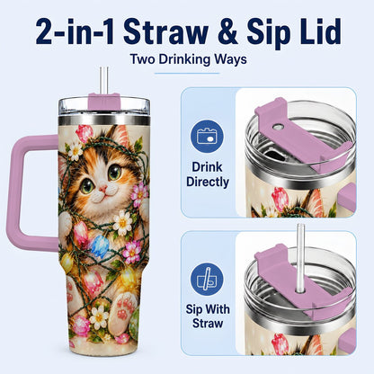 #pl[40oz|Pink] Easter Calico Kitten 40oz Tumbler with Handle, Spring Floral Cats