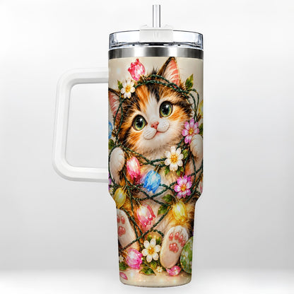 Easter Calico Kitten 40oz Tumbler with Handle, Spring Floral Cats