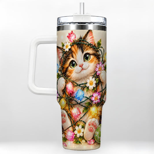 Easter Calico Kitten 40oz Tumbler with Handle, Spring Floral Cats