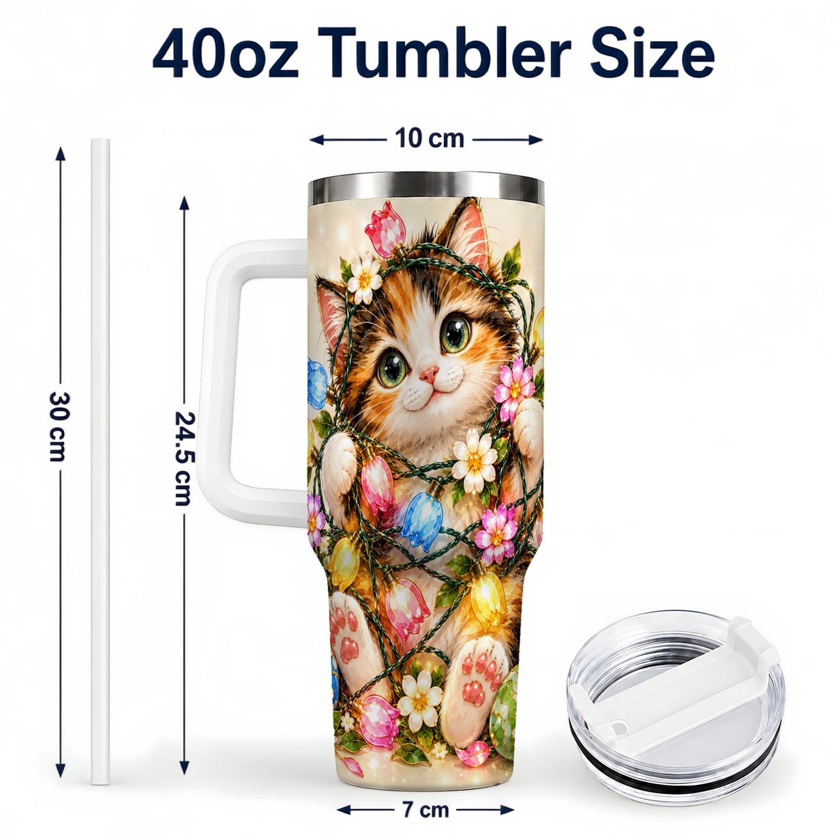 #pl[40oz|White] Easter Calico Kitten 40oz Tumbler with Handle, Spring Floral Cats