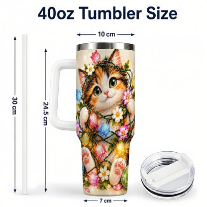 #pl[40oz|White] Easter Calico Kitten 40oz Tumbler with Handle, Spring Floral Cats