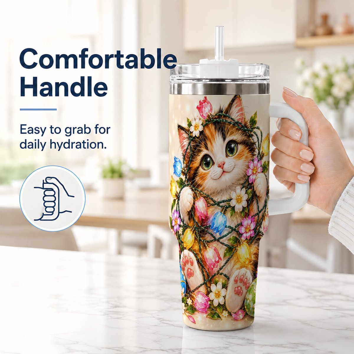 #pl[40oz|White] Easter Calico Kitten 40oz Tumbler with Handle, Spring Floral Cats