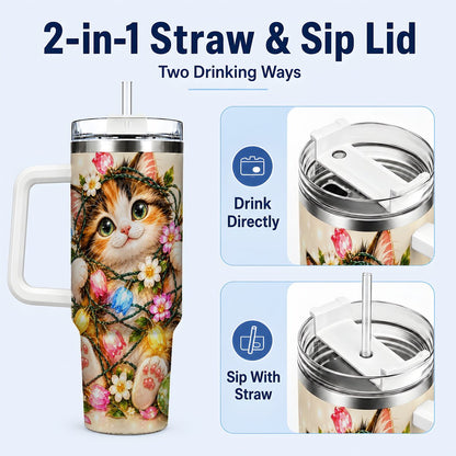 #pl[40oz|White] Easter Calico Kitten 40oz Tumbler with Handle, Spring Floral Cats