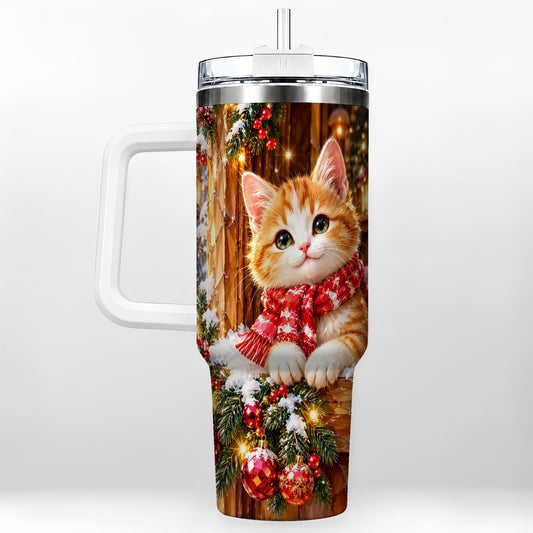 Winter Orange Kitten 40oz Tumbler with Handle, Snowy Holiday Cat