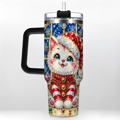#pl[40oz|Black] Christmas White Kitten 40oz Tumbler with Handle, Festive Cat Art