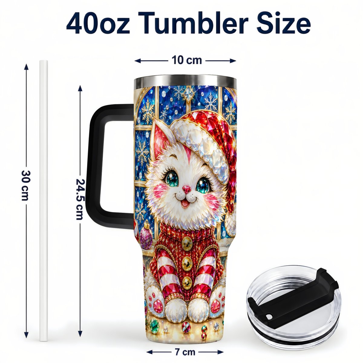 #pl[40oz|Black] Christmas White Kitten 40oz Tumbler with Handle, Festive Cat Art