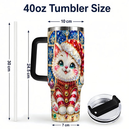 #pl[40oz|Black] Christmas White Kitten 40oz Tumbler with Handle, Festive Cat Art