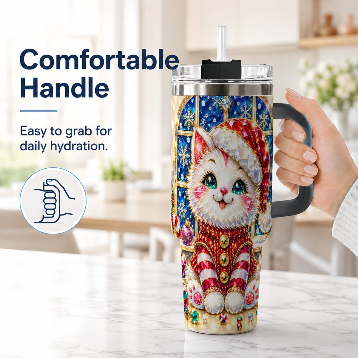 #pl[40oz|Black] Christmas White Kitten 40oz Tumbler with Handle, Festive Cat Art