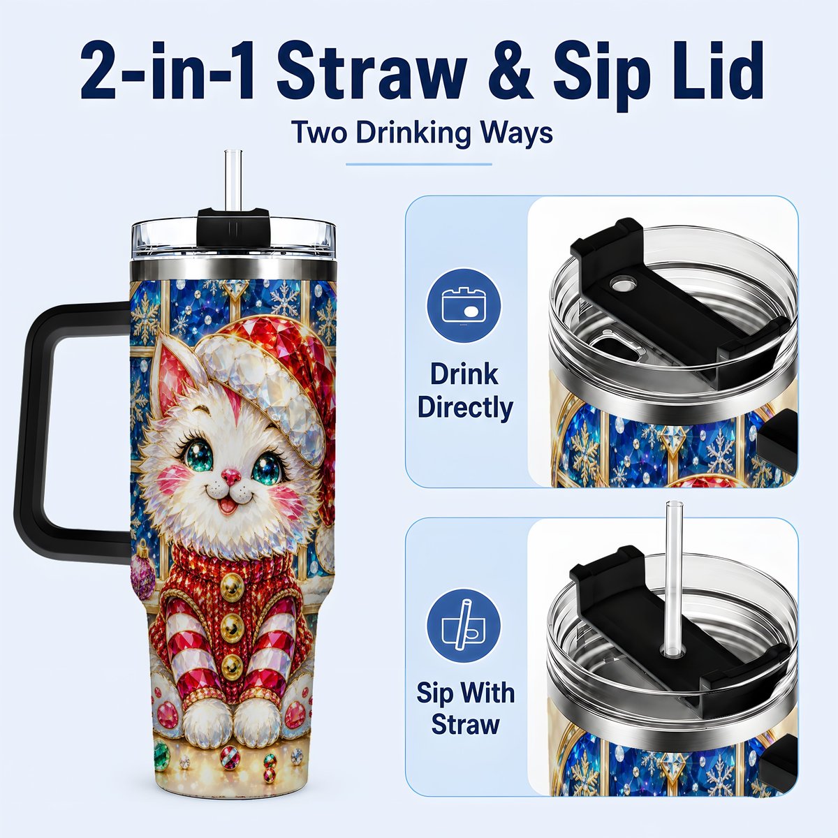 #pl[40oz|Black] Christmas White Kitten 40oz Tumbler with Handle, Festive Cat Art