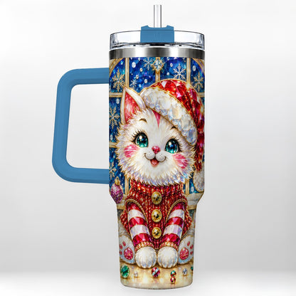 #pl[40oz|Blue] Christmas White Kitten 40oz Tumbler with Handle, Festive Cat Art