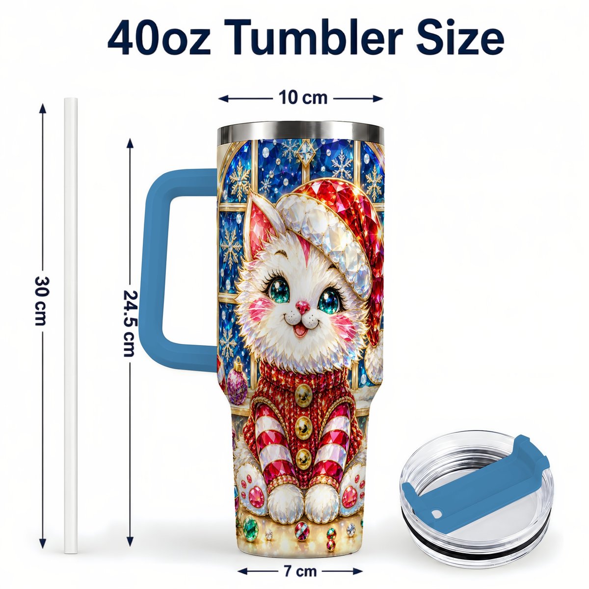 #pl[40oz|Blue] Christmas White Kitten 40oz Tumbler with Handle, Festive Cat Art