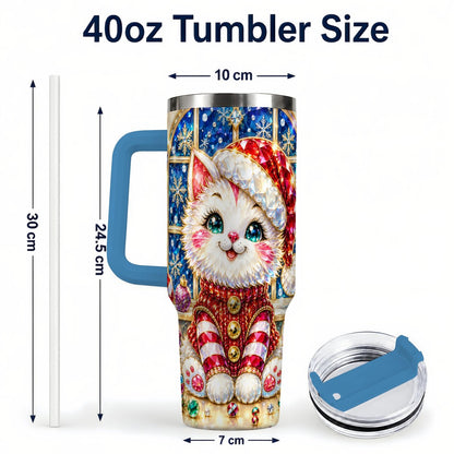 #pl[40oz|Blue] Christmas White Kitten 40oz Tumbler with Handle, Festive Cat Art