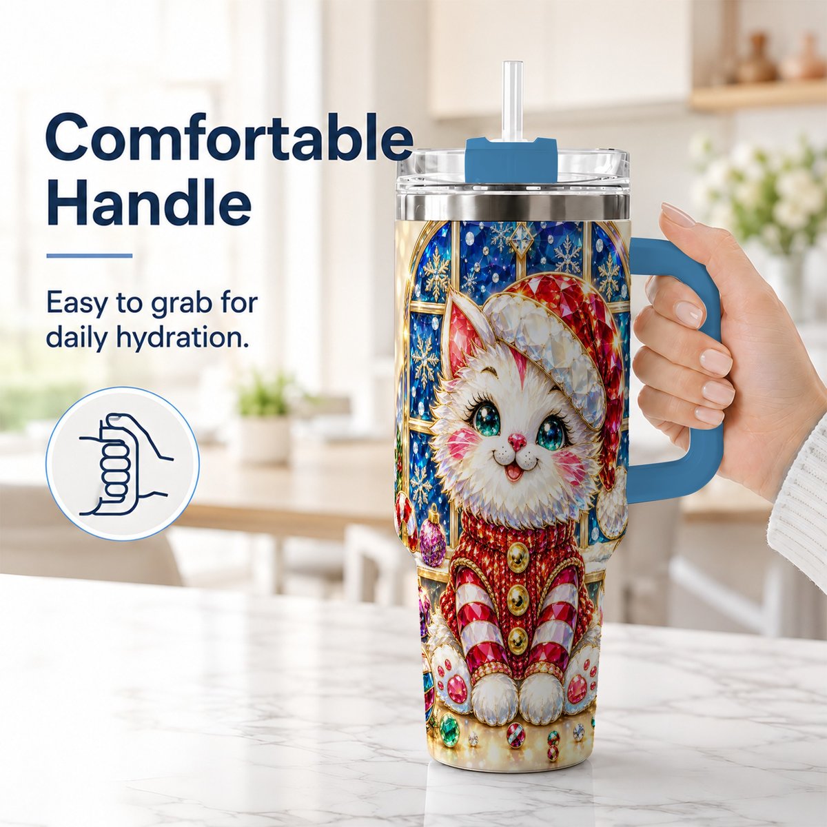 #pl[40oz|Blue] Christmas White Kitten 40oz Tumbler with Handle, Festive Cat Art