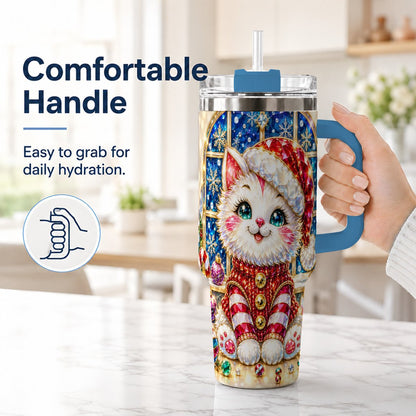 #pl[40oz|Blue] Christmas White Kitten 40oz Tumbler with Handle, Festive Cat Art