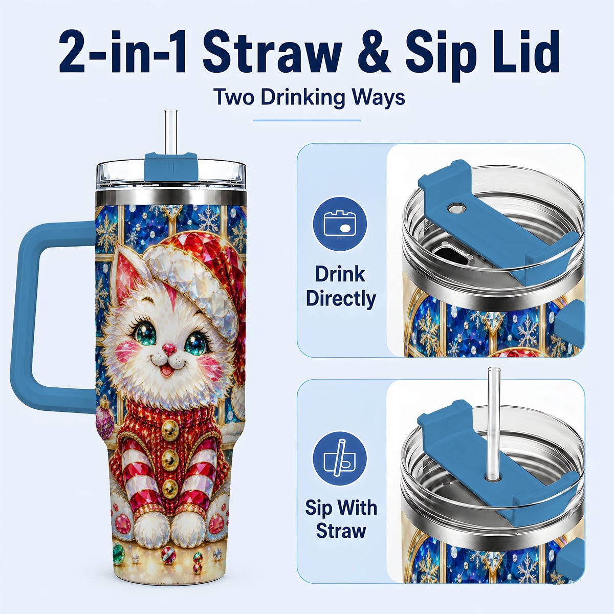 #pl[40oz|Blue] Christmas White Kitten 40oz Tumbler with Handle, Festive Cat Art