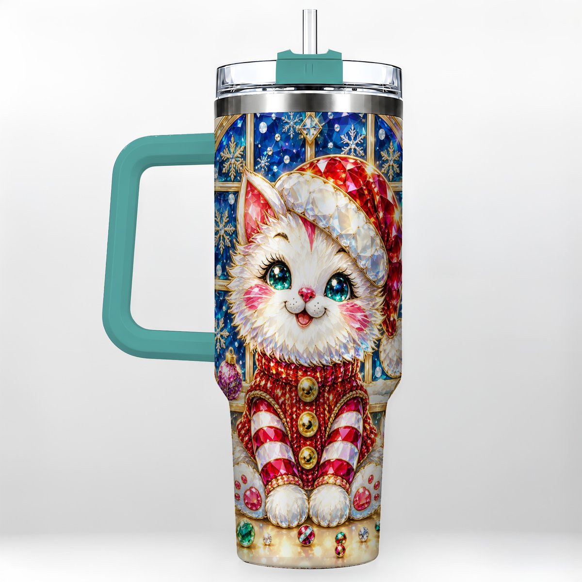 #pl[40oz|Green] Christmas White Kitten 40oz Tumbler with Handle, Festive Cat Art