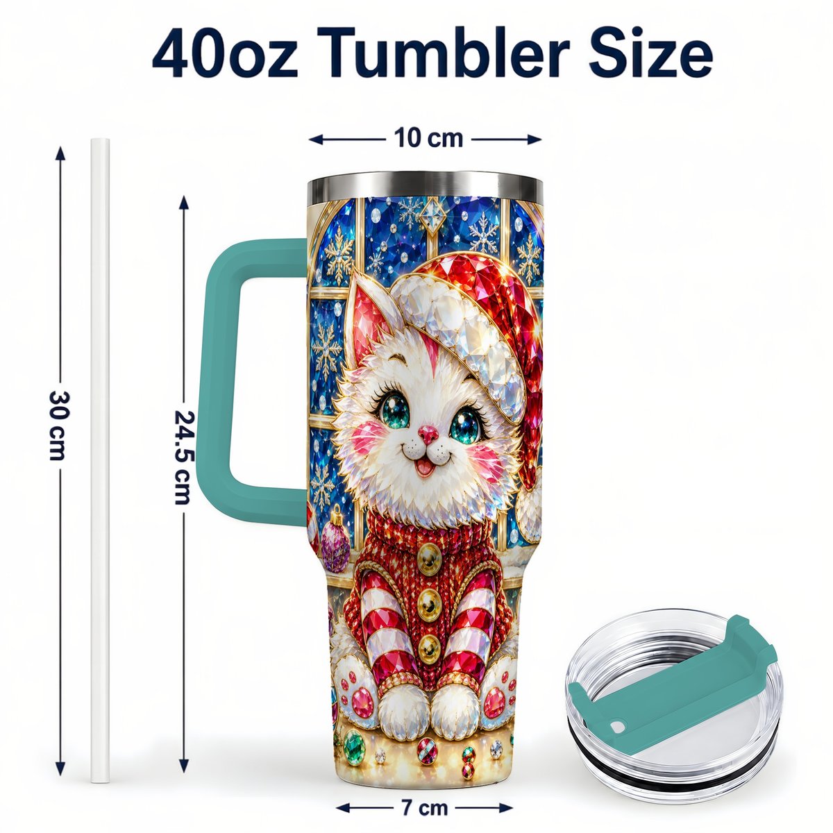 #pl[40oz|Green] Christmas White Kitten 40oz Tumbler with Handle, Festive Cat Art