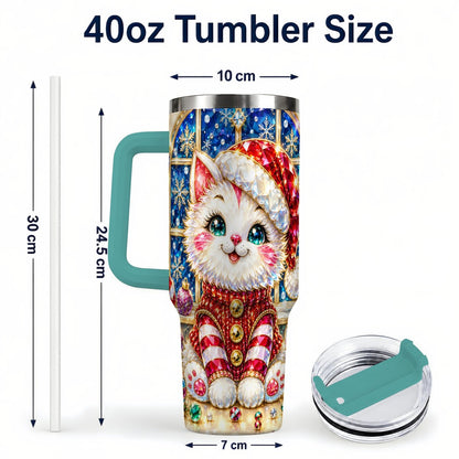 #pl[40oz|Green] Christmas White Kitten 40oz Tumbler with Handle, Festive Cat Art
