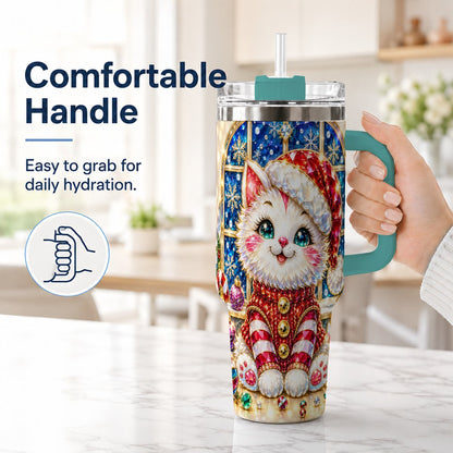 #pl[40oz|Green] Christmas White Kitten 40oz Tumbler with Handle, Festive Cat Art