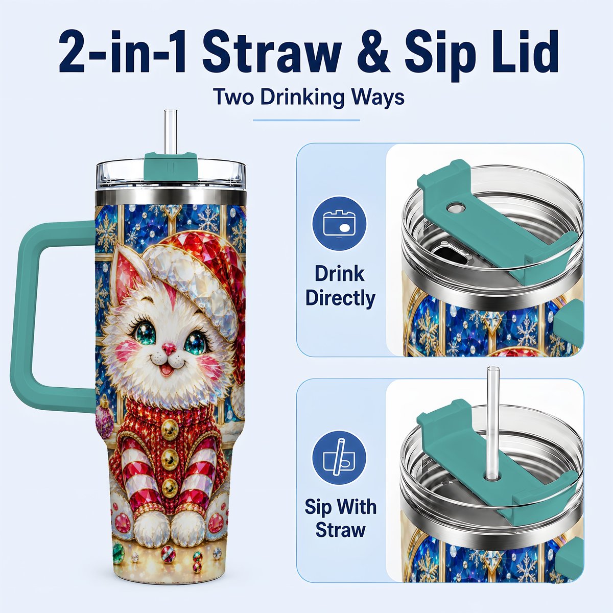 #pl[40oz|Green] Christmas White Kitten 40oz Tumbler with Handle, Festive Cat Art
