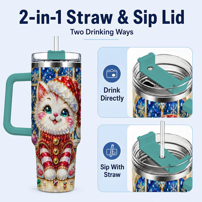 #pl[40oz|Green] Christmas White Kitten 40oz Tumbler with Handle, Festive Cat Art