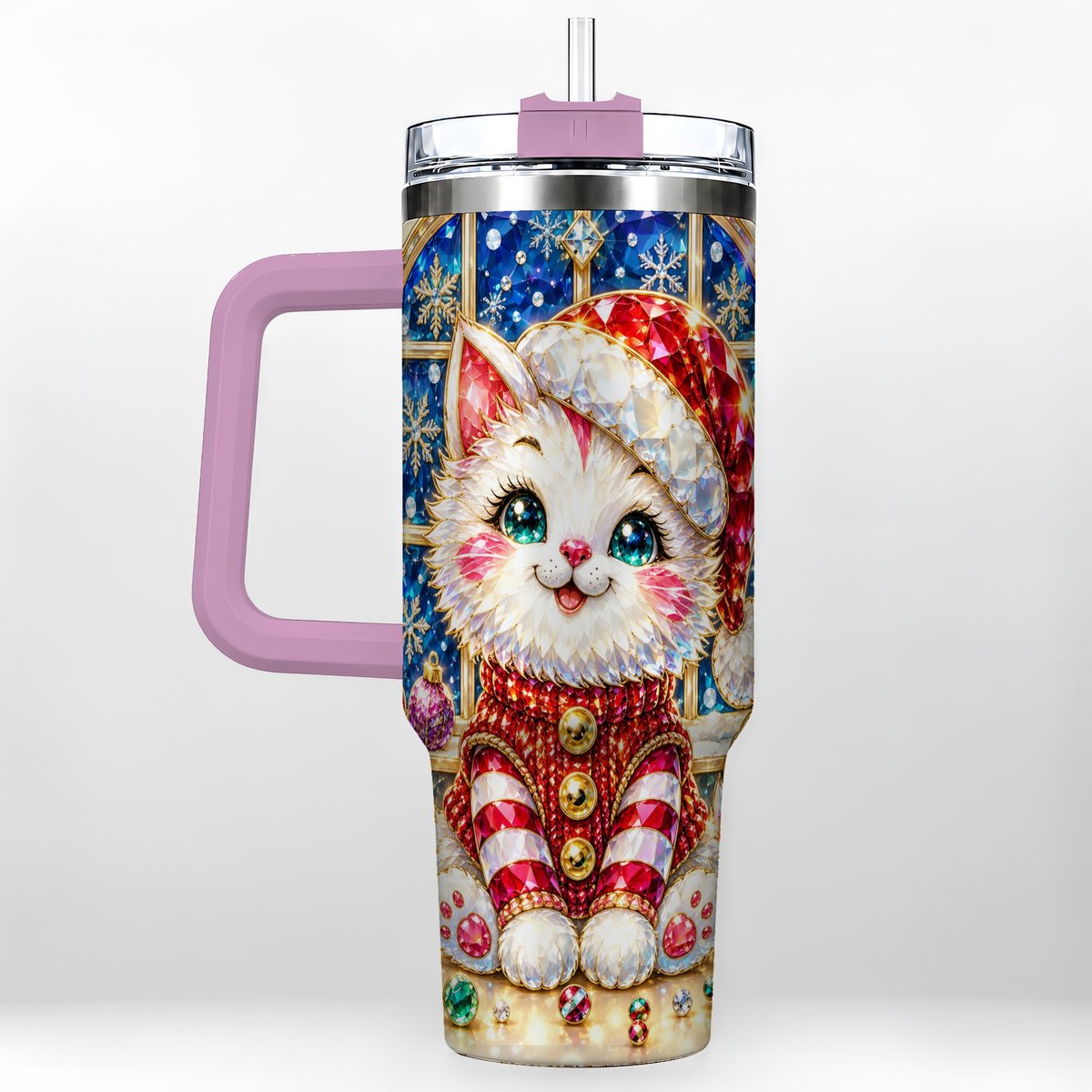 #pl[40oz|Pink] Christmas White Kitten 40oz Tumbler with Handle, Festive Cat Art