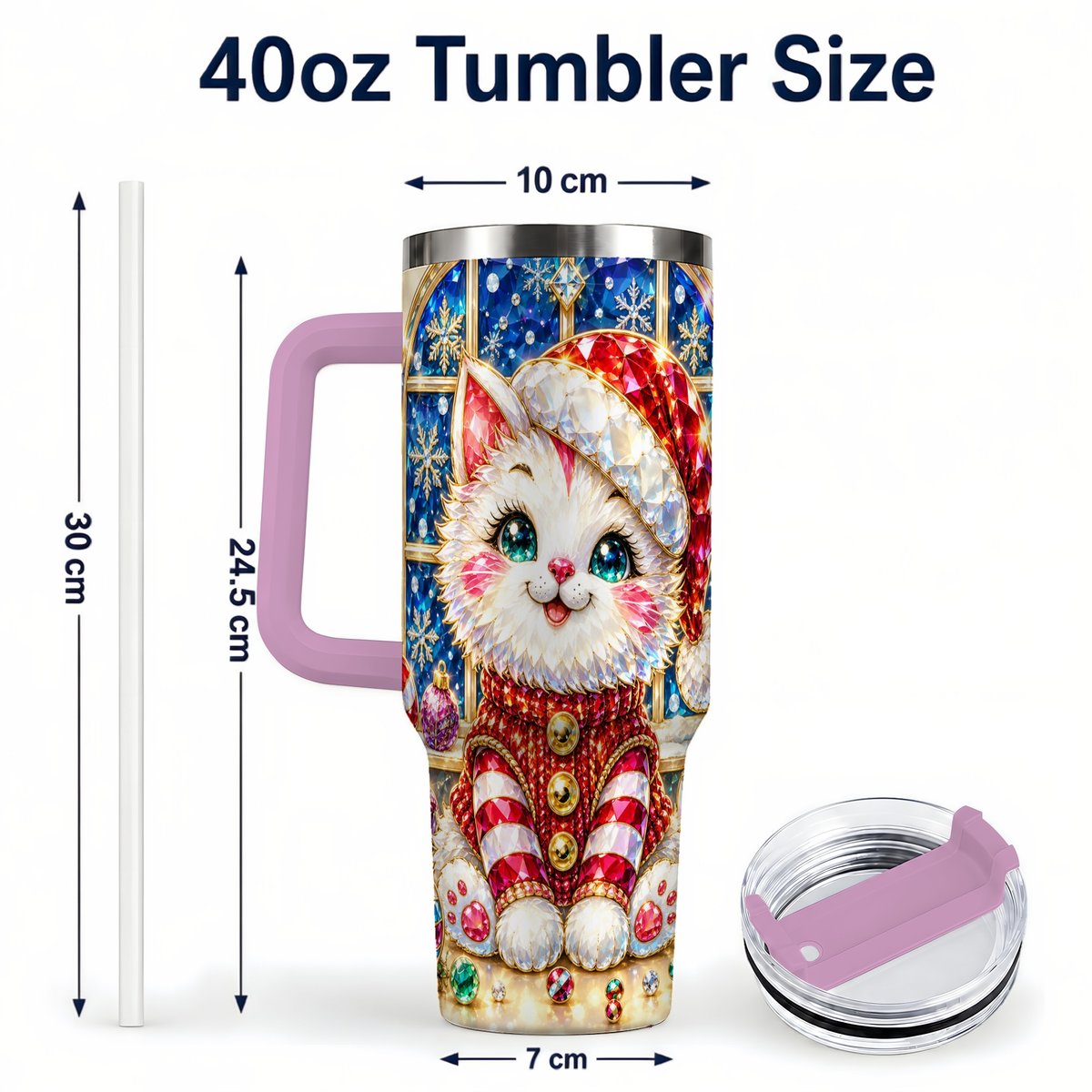 #pl[40oz|Pink] Christmas White Kitten 40oz Tumbler with Handle, Festive Cat Art