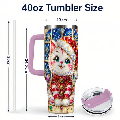 #pl[40oz|Pink] Christmas White Kitten 40oz Tumbler with Handle, Festive Cat Art
