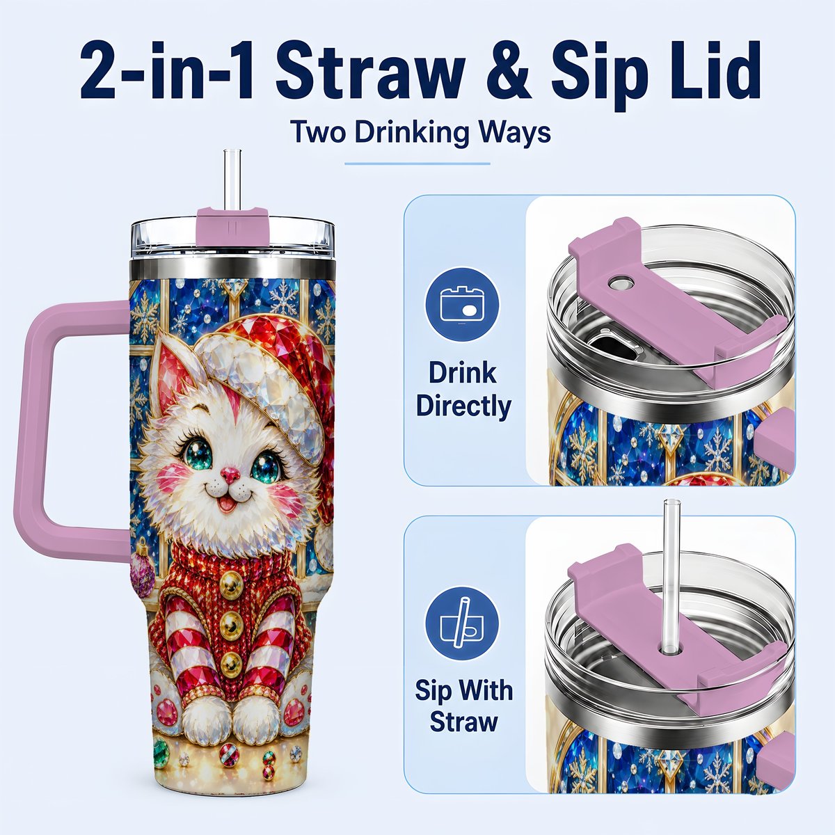 #pl[40oz|Pink] Christmas White Kitten 40oz Tumbler with Handle, Festive Cat Art
