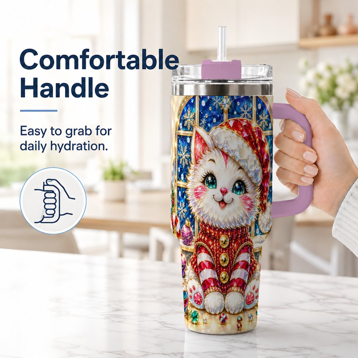 #pl[40oz|Pink] Christmas White Kitten 40oz Tumbler with Handle, Festive Cat Art