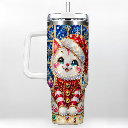 Christmas White Kitten 40oz Tumbler with Handle, Festive Cat Art
