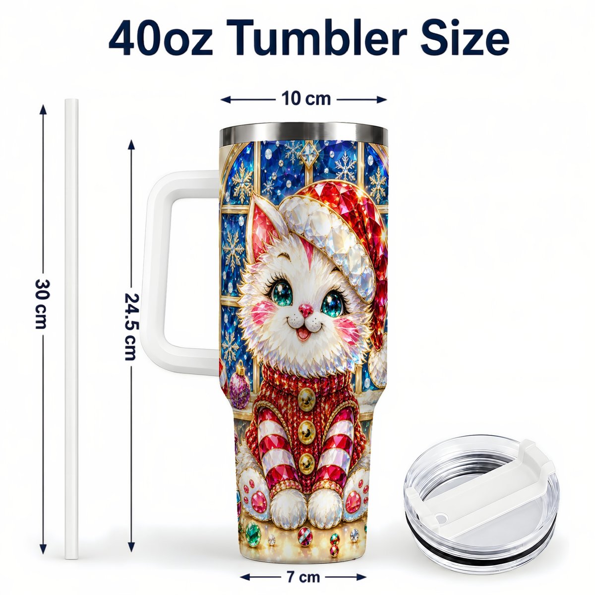 #pl[40oz|White] Christmas White Kitten 40oz Tumbler with Handle, Festive Cat Art