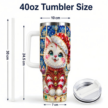 #pl[40oz|White] Christmas White Kitten 40oz Tumbler with Handle, Festive Cat Art