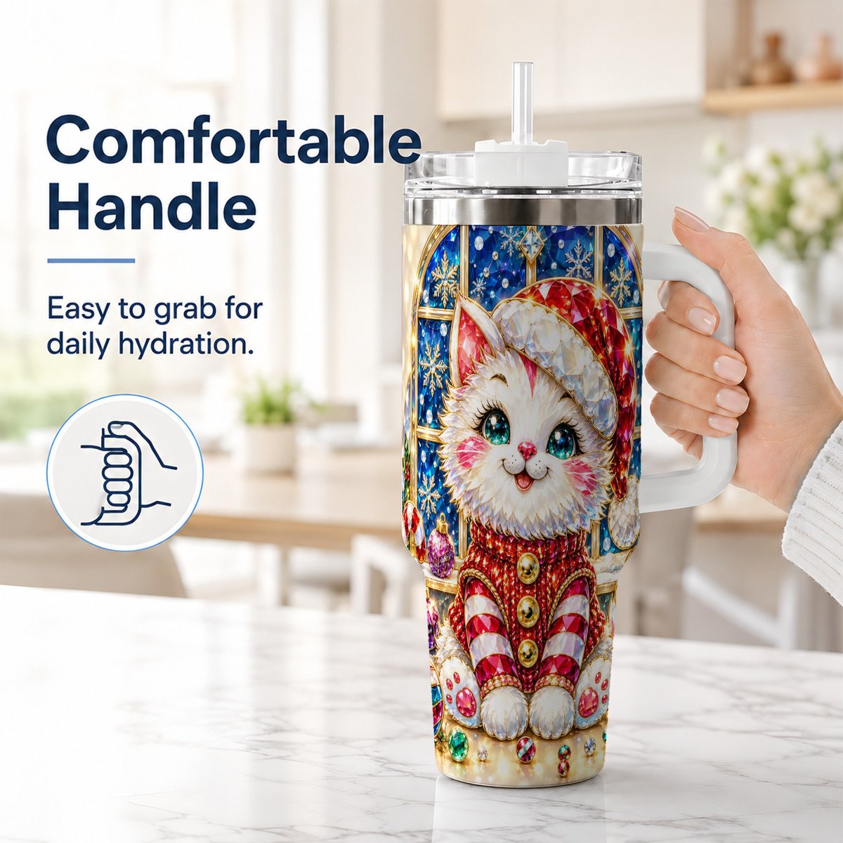 #pl[40oz|White] Christmas White Kitten 40oz Tumbler with Handle, Festive Cat Art