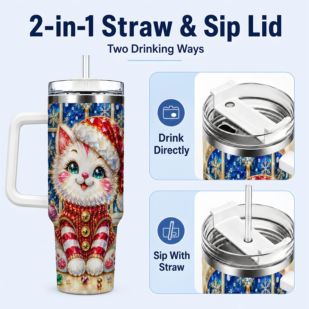 #pl[40oz|White] Christmas White Kitten 40oz Tumbler with Handle, Festive Cat Art