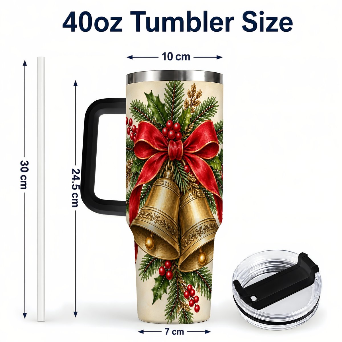 #pl[40oz|Black] Christmas Bells 40oz Tumbler with Handle, Holiday Floral Design
