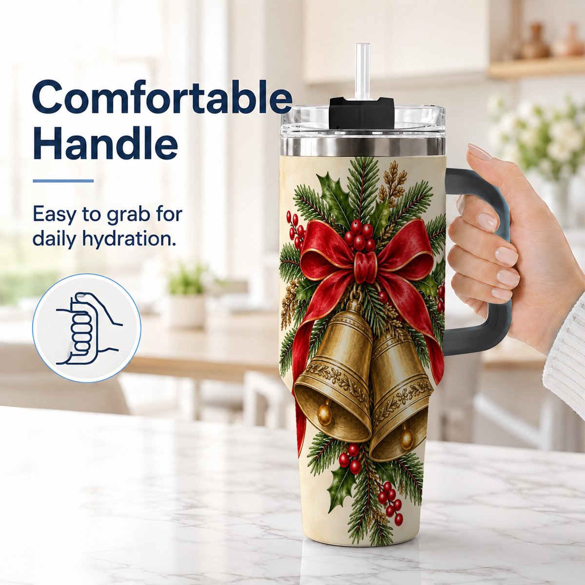 #pl[40oz|Black] Christmas Bells 40oz Tumbler with Handle, Holiday Floral Design